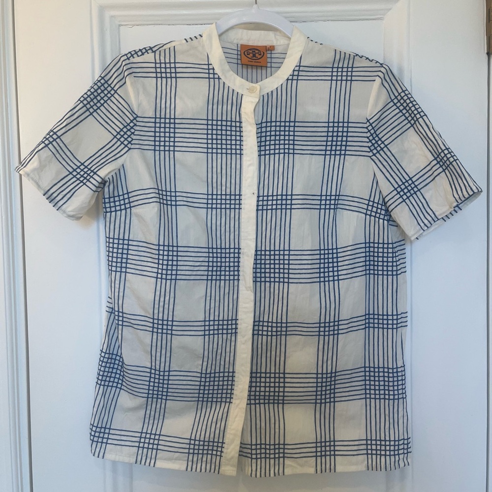 Tory Burch White and Blue Stitched Button-Front Top